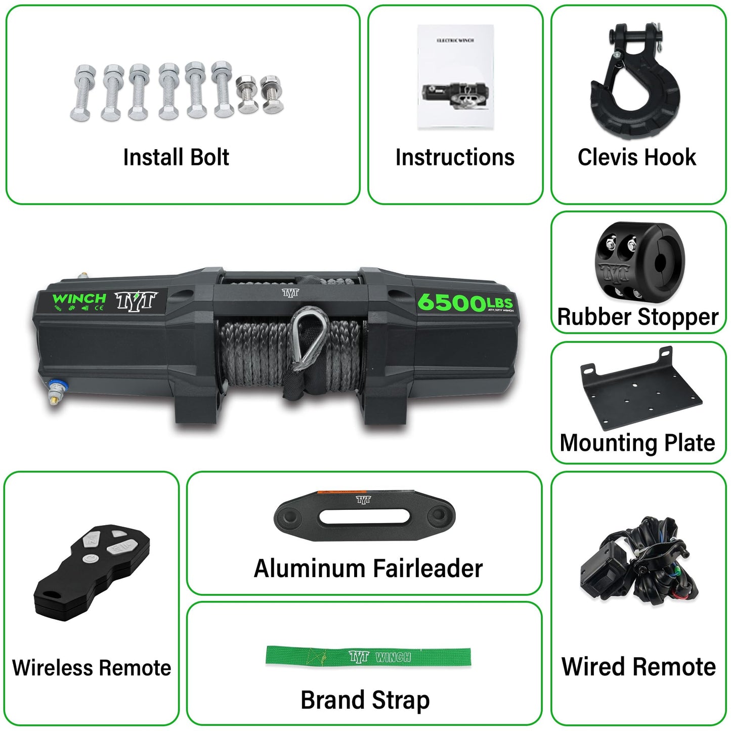 TYT 6500 lb UTV Winch with Wireless Remote and Wired Switch，12 Volt DC Electric Trailer Winch,1/4" x 50FT Synthetic Rope Winch with Rubber Stopper and Mounting Plate