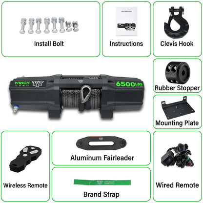 TYT 6500 lb UTV Winch with Wireless Remote and Wired Switch，12 Volt DC Electric Trailer Winch,1/4" x 50FT Synthetic Rope Winch with Rubber Stopper and Mounting Plate