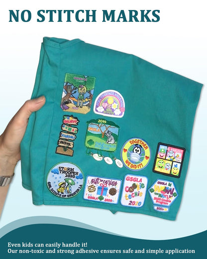 Patch Magic Adhesive, Girl Scout Patch Adhesive Washable Double-Sided Glue for Scout Badges, Patches, Fabric, and More, Cut to Fit Freestyle, No Sew No Iron 4 Pack