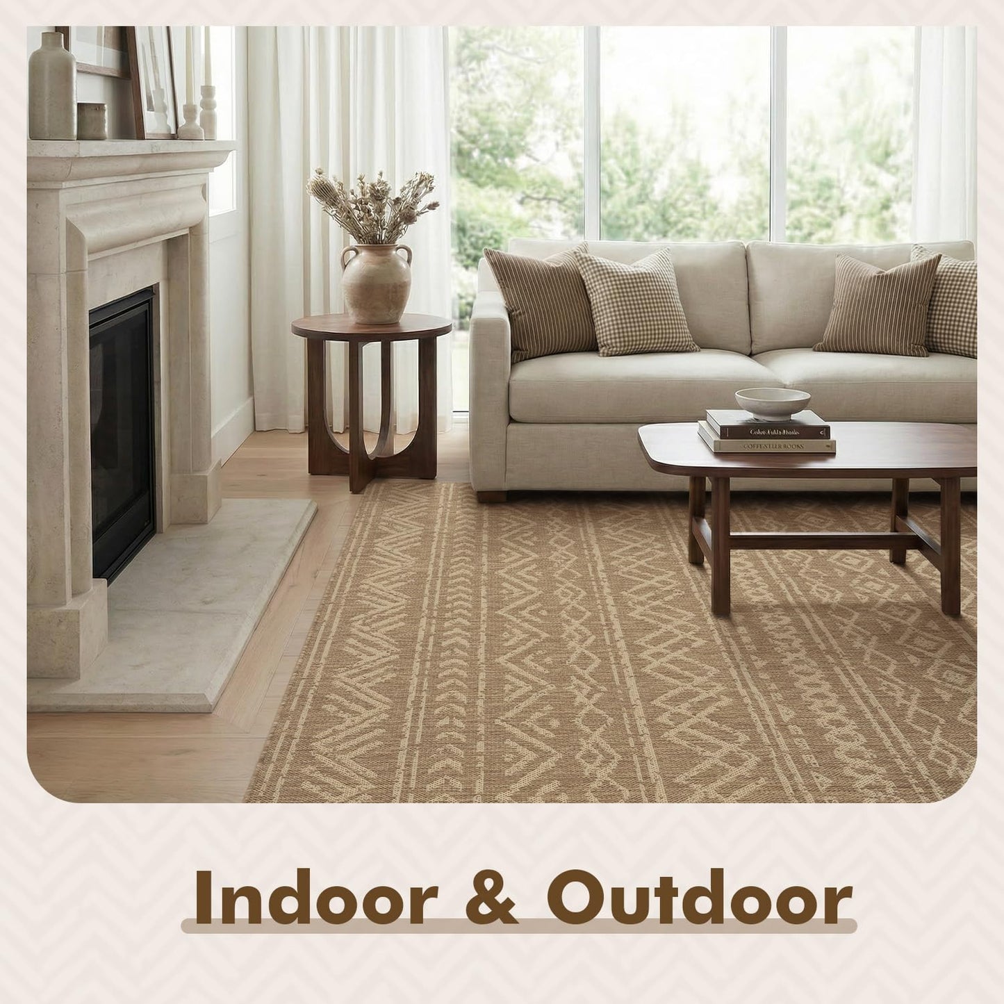 MontVoo-Outdoor Rug-Patio Rug 8x10 Polypropylene Indoor Outdoor Rug Outdoor Carpet for Patio Deck Balcony Porch, Textured Weave, Durable for High Traffic, Fade-Resistant, Boho Farmhouse Neutral Brown