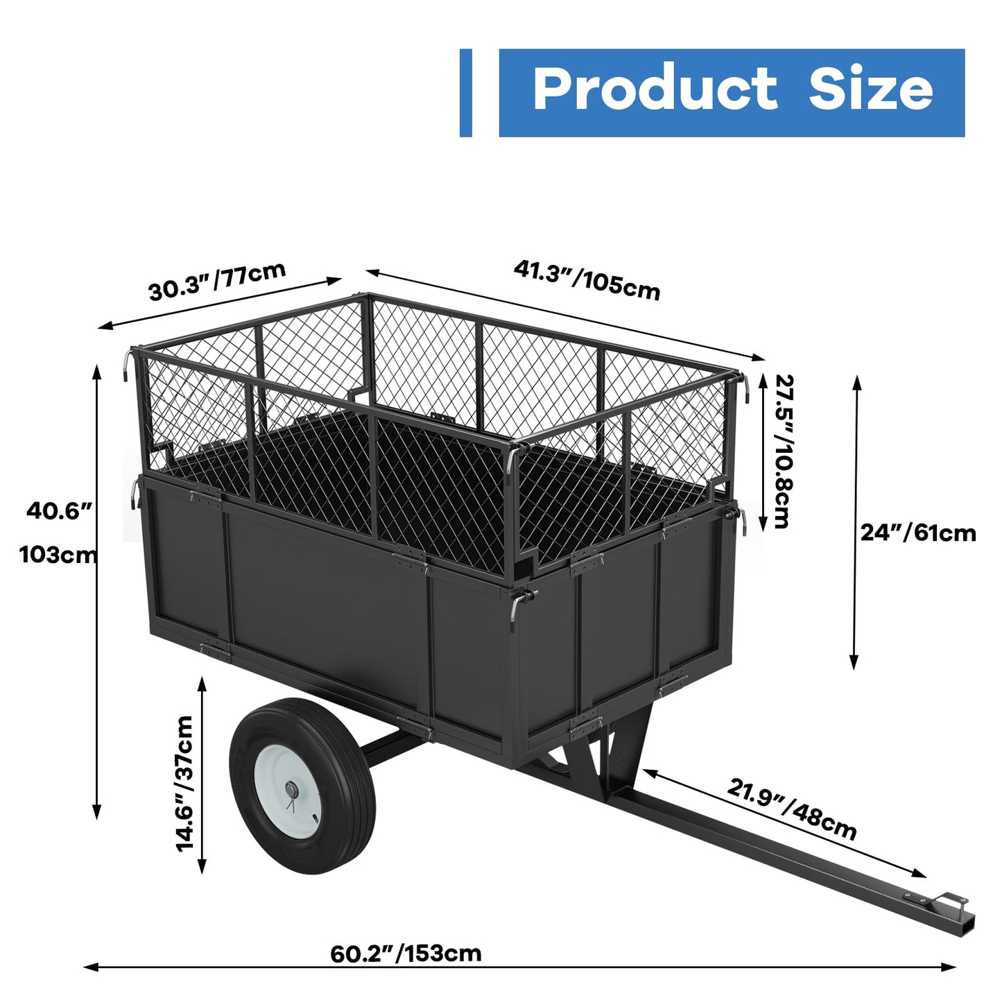 GAOMON Heavy Duty Utility Trailer for ATV/UTV, 750lbs Capacity Garden Dump Cart, Removable Sides, Pneumatic Tires, Hitch Compatible Pull-Behind Yard Cart for Lawn Mower, Tractor, Farm