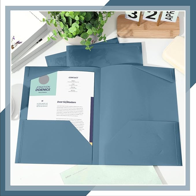 Henoyso 60 Pack Plastic Folders with Clear Front Pockets Heavy Duty File Folders with 2 Pockets and Card Slot for Classroom School &amp Office Bulk Supply (Blue Gray)