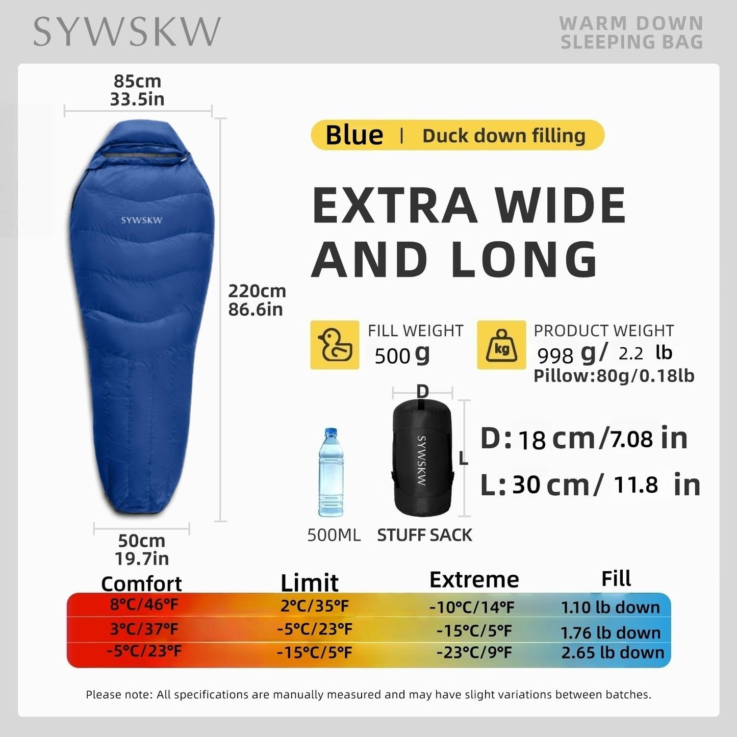SYWSKW Down Sleeping Bag with Pillow, Ultralight Mummy Sleeping Bag for Backpacking,Hiking and Camping Outdoor with YKK Two-Way Zipper,680FP Duck Down