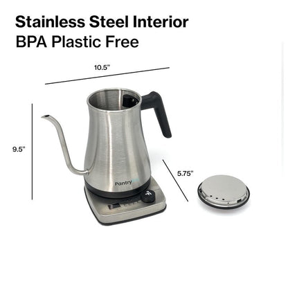 PantryPro Gooseneck Electric Kettle with Temperature Control, 34oz/1.0L Rapid Boil, Stainless Steel Interior, Auto Shut-Off, 1500W, Boil-Dry Protection, LED Indicator - Steel