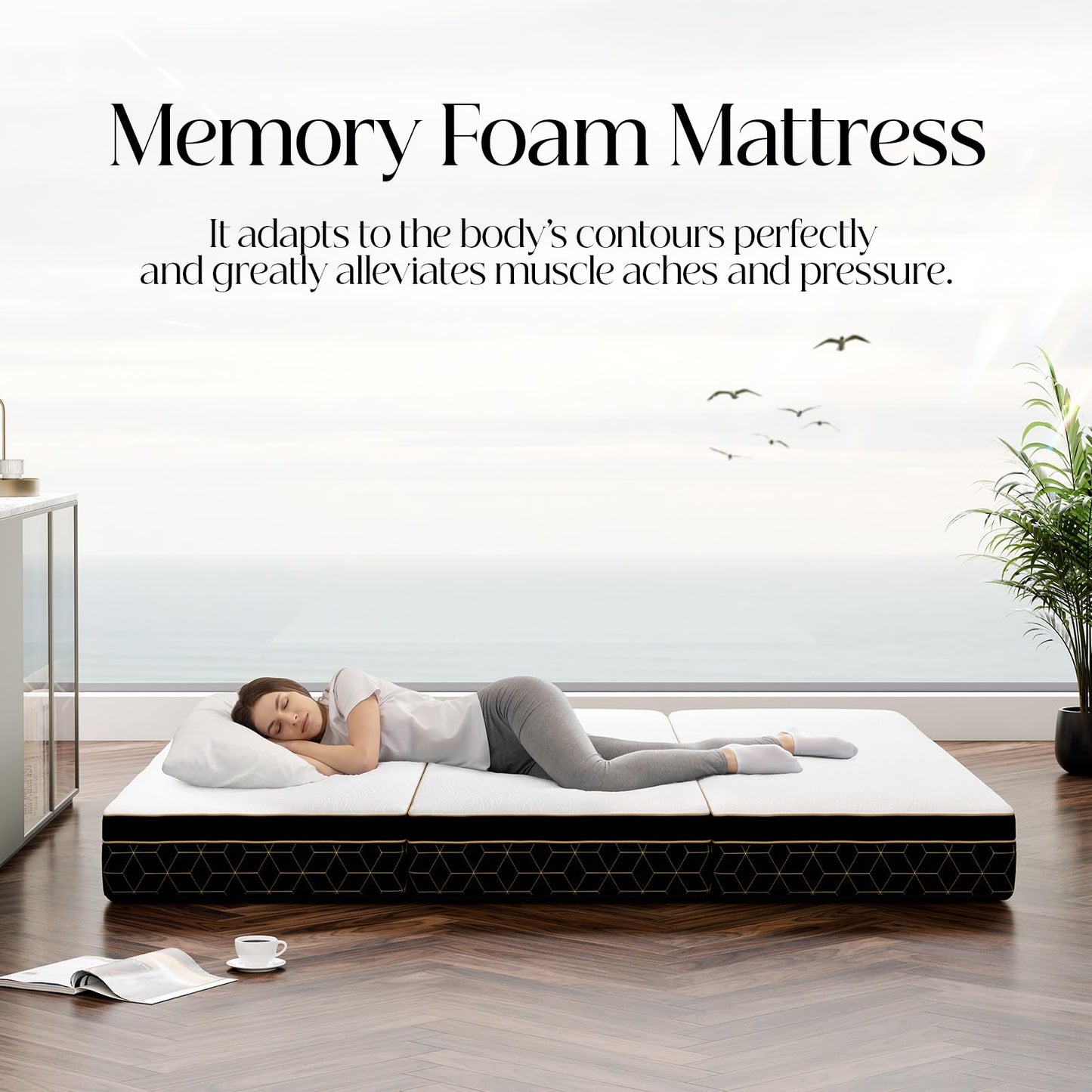 GEMBED Tri-Fold Memory Foam Mattress Full - 6 Inch Portable Folding Sofa Bed with Handle & Washable Cover, Floor Sofa Bed with Non-Slip Base, Space-Saving for Room, Travel, Guest Bed, RV, 73"x52"x6"