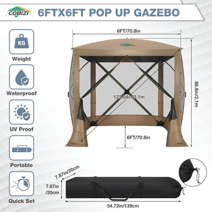 COBIZI Pop Up Gazebo Screen Tent Screen House for Camping, 6FTx6FT Screen Room with Mosquito Netting, Hub Tent Instant Screened Canopy with Carrying Bag and Ground Stakes, Khaki