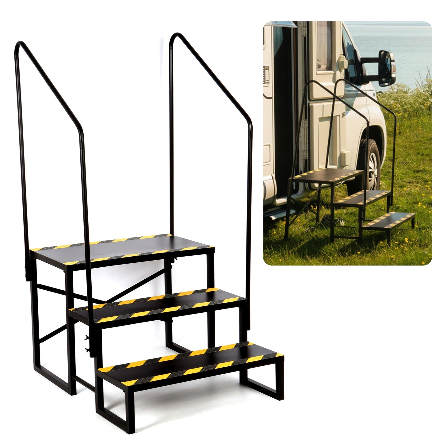 foriy RV Steps with Handrail and Platform, Camper Steps 3 Step Outdoor Hot Tub Mobile Home Stairs Anti-Slip for Travel Trailer Motor Home Boat Camper and Porch for Dogs Elder Child