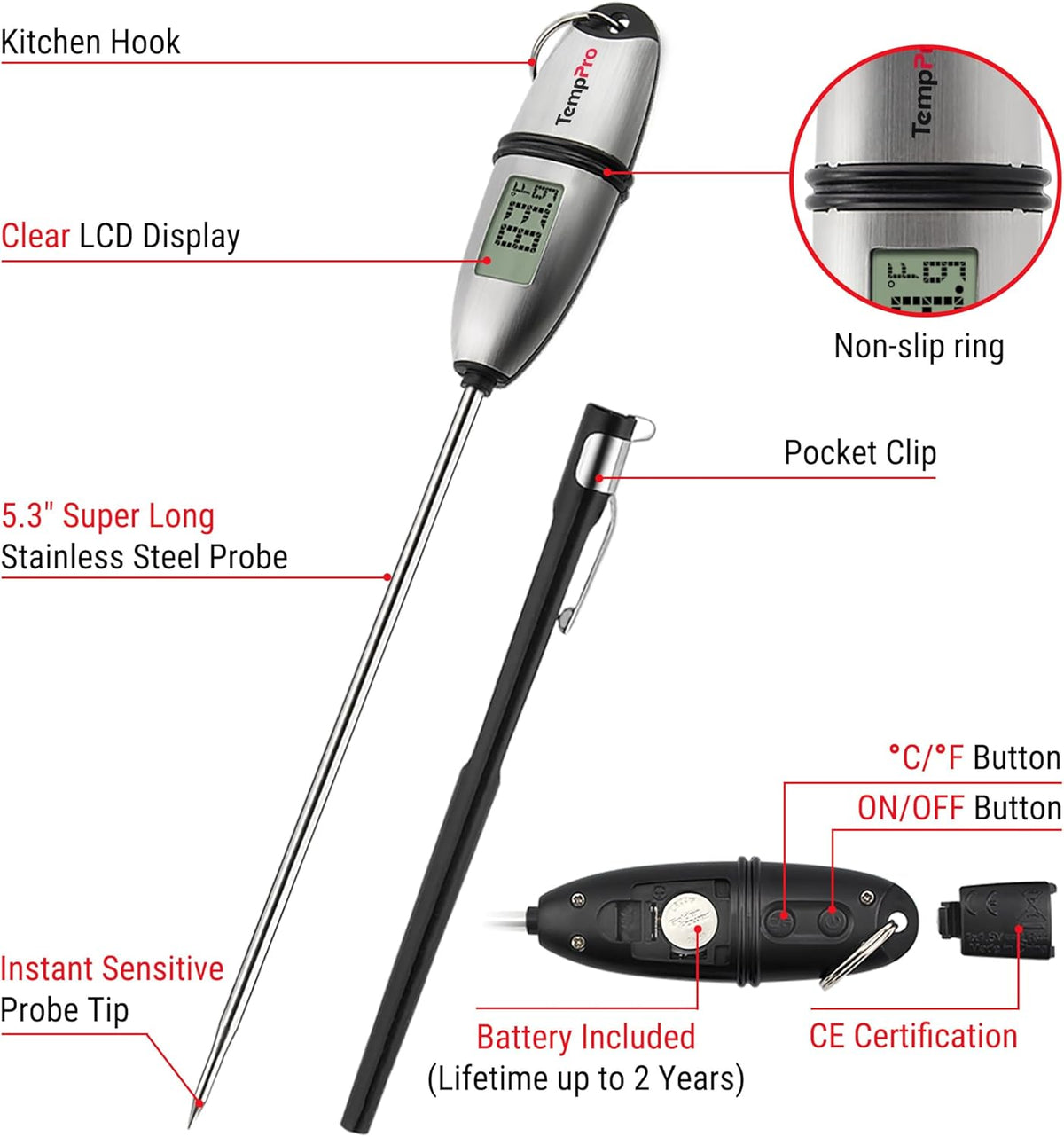 TempPro Digital Food Thermometer - Super Long Probe for Cooking, Baking & BBQ | 2 Pack