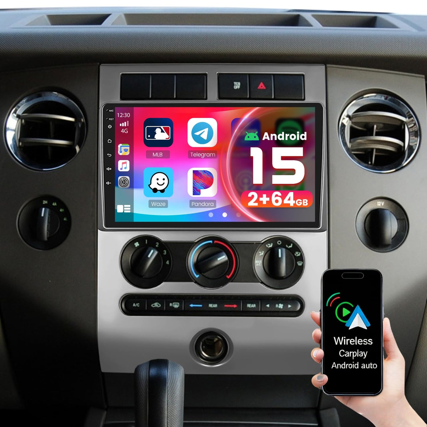 [4Core 64G] Android 15 Car Stereo for Ford Expedition 2007-2014(Manual A/C), Hikity 9'' Touchscreen Expedition Radio Wireless CarPlay Android Auto GPS Mirror Link 5G WiFi Bluetooth FM/EQ Backup Camera