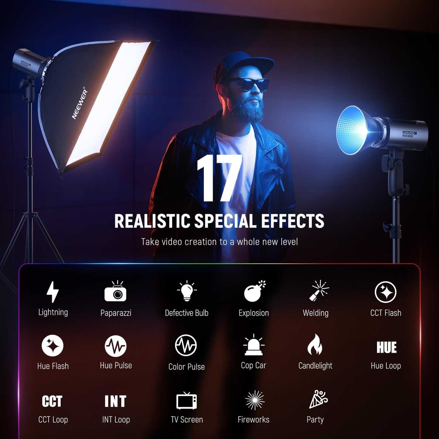 NEEWER MS150C RGBWW LED Video Light with 2.4G/APP Control, 150W Metal Mini RGB COB Continuous Output Lighting Bowens Mount Handheld Spotlight 2700K-6500K, 18000lux/1m, CRI97+/TLCI98+,17 Effects, RGBCW