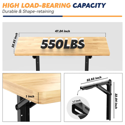 Ultrawall Wall Mounted Folding Workbench, Heavy Duty Foldable Work Table, Collapsible Desk for Workshop, Garage, Office, Home, Holds Up to 550 lb, 47.2"