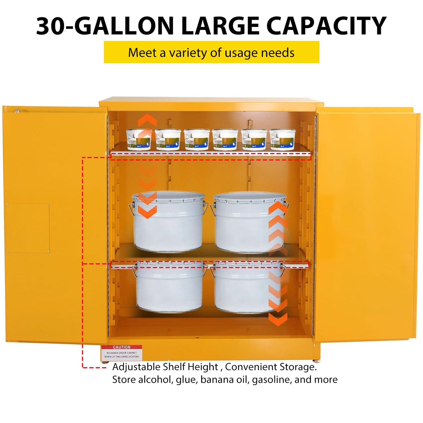 SierraSquad 30 Gal Flammable Safety Cabinet, 43" x 18" x 44" Galvanized Steel Flammable Liquid Storage Cabinet with 2 Adjustable Shelves 2 Manual Doors for Industrial Use, Yellow