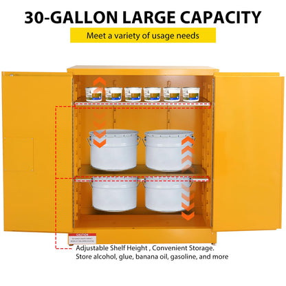 SierraSquad 30 Gal Flammable Safety Cabinet, 43" x 18" x 44" Galvanized Steel Flammable Liquid Storage Cabinet with 2 Adjustable Shelves 2 Manual Doors for Industrial Use, Yellow