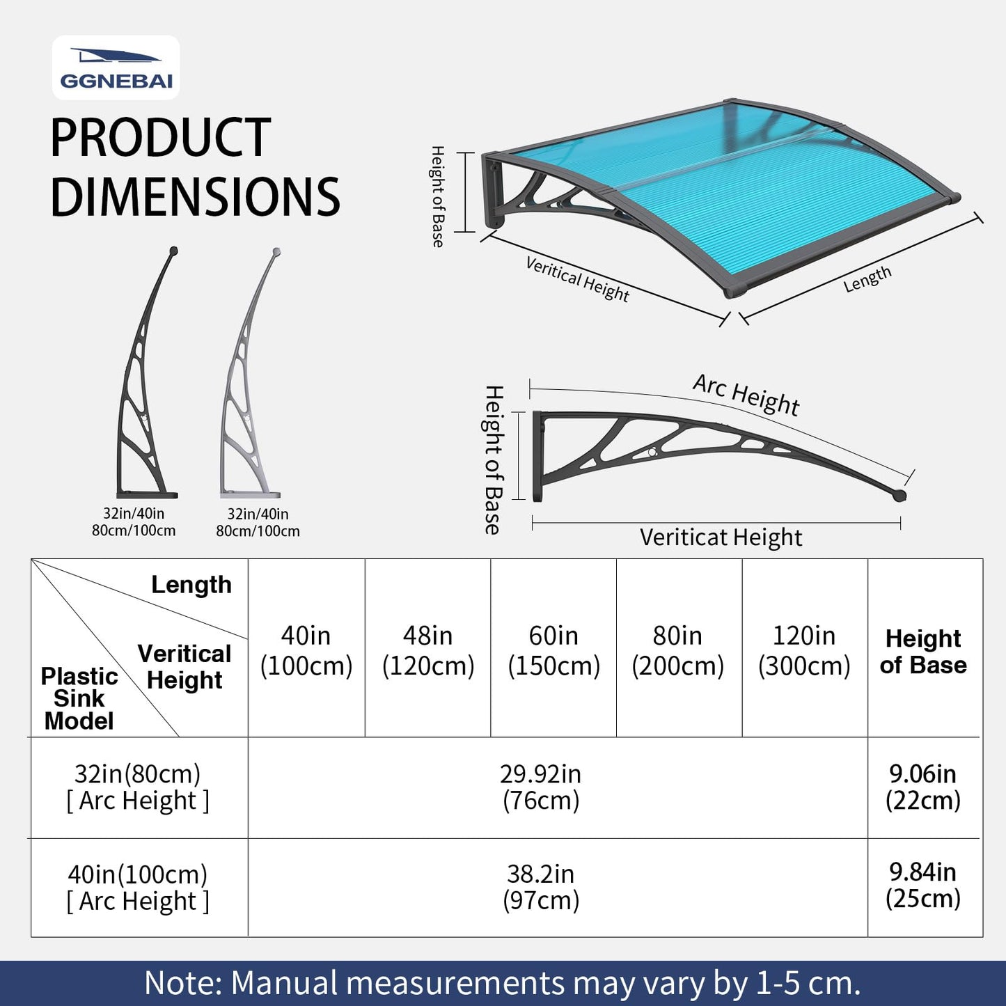 GGNEBAI Door Awning 32"x80" Window Awning for Doors Canopy Exterior, Polycarbonate Cover for House Porch Patio Deck, UV Rain Snow Sunlight Protection, Hollow Sheet