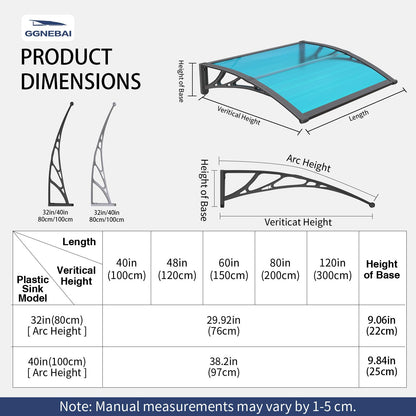 GGNEBAI Door Awning 32"x80" Window Awning for Doors Canopy Exterior, Polycarbonate Cover for House Porch Patio Deck, UV Rain Snow Sunlight Protection, Hollow Sheet