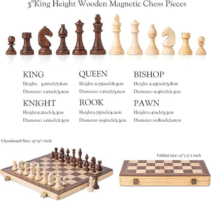 A&ampA 15 Magnetic Wooden Chess Set/Folding Board / 3 King Height German Knight Staunton Chess Pieces/Mahogany &amp Maple Inlaid /2 Extra Queen