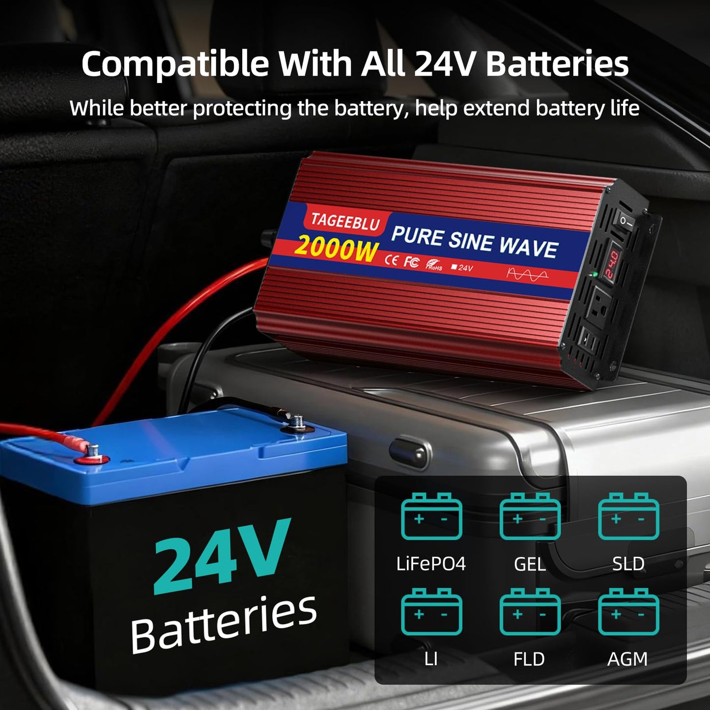 TAGEEBLU 24V 2000W Pure Sine Wave Inverter - 4000W Surge, 24V DC to 110V AC Heavy Duty Power Inverter for RV, Truck, Home, Solar, Off-Grid, Outdoor, Car Converter with Dual AC Outlets and LCD Display