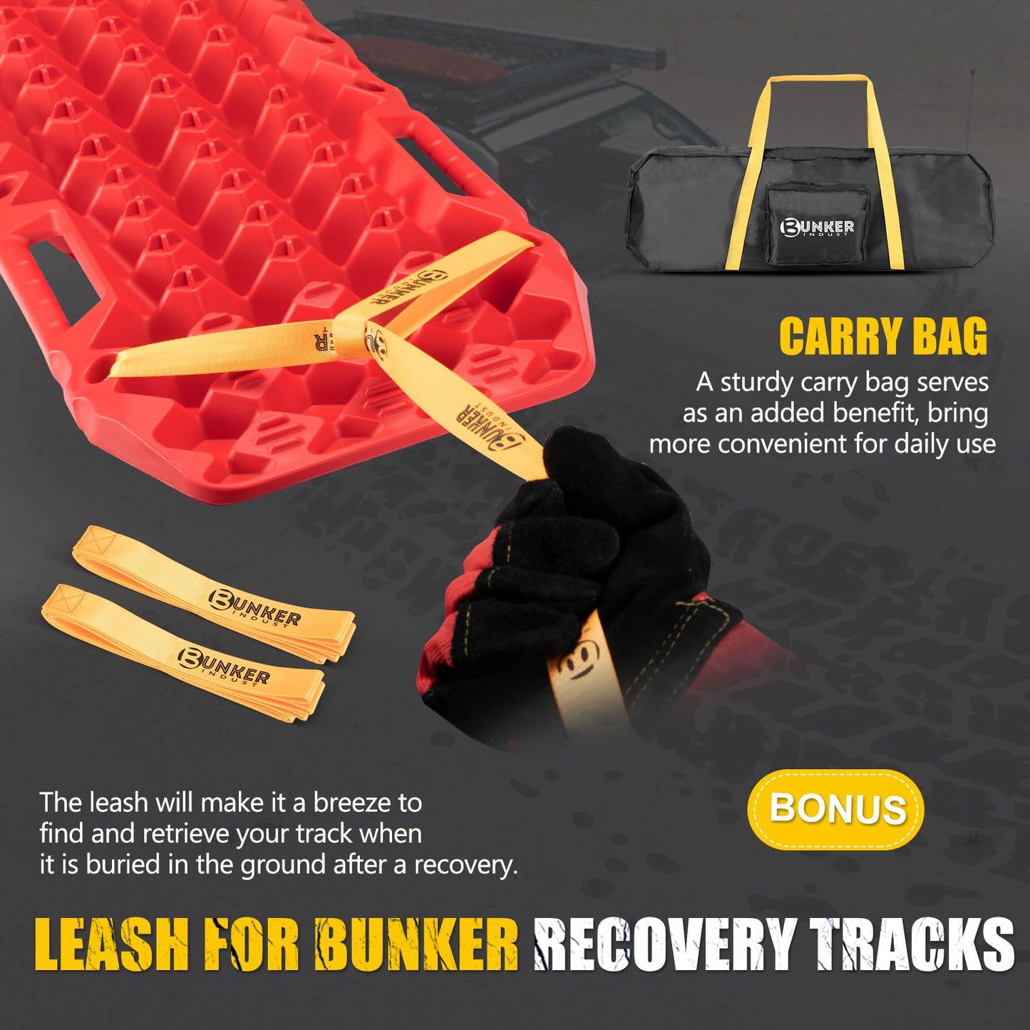 BUNKER INDUST Off-Road Traction Boards with Jack Lift Base,2 Pcs Multifunctional Recovery Track for 4WD UTV SUV Truck-Mud, Snow, Sand Tracks Red Tire Traction Mat with Carry Bag (Gen 9th)