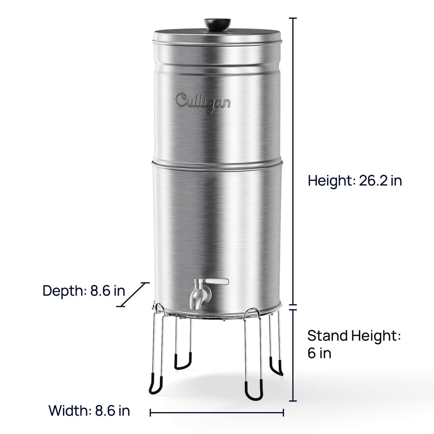 Culligan MaxClear 2.25 Gallon Gravity Water Filter System, Brushed Stainless-Steel Countertop Water Filter NSF/ANSI Certified to Reduce Microplastics, Lead & Total PFAS, with 2 Ceramic Filters