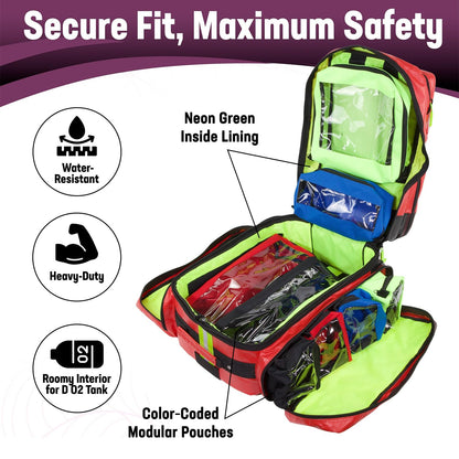Kemp USA Heavy-Duty EMT Bag, Made with Fluid-Resistant Tarpaulin Material - Emergency Survival Kit with Room for D O2 Tank - Medical Backpack with Multiple Handles (Tarpaulin Fabric Red)