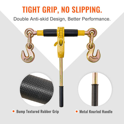 VEVOR 3/8"-1/2" Ratchet Chain Binder with Chain, G80 12000 lbs Secure Limit, Heavy Duty Load, Labor-Saving Anti-Skid Handle, Tie Down Hauling Chain Binders for Flatbed Truck Trailer, 2 Set & Yellow