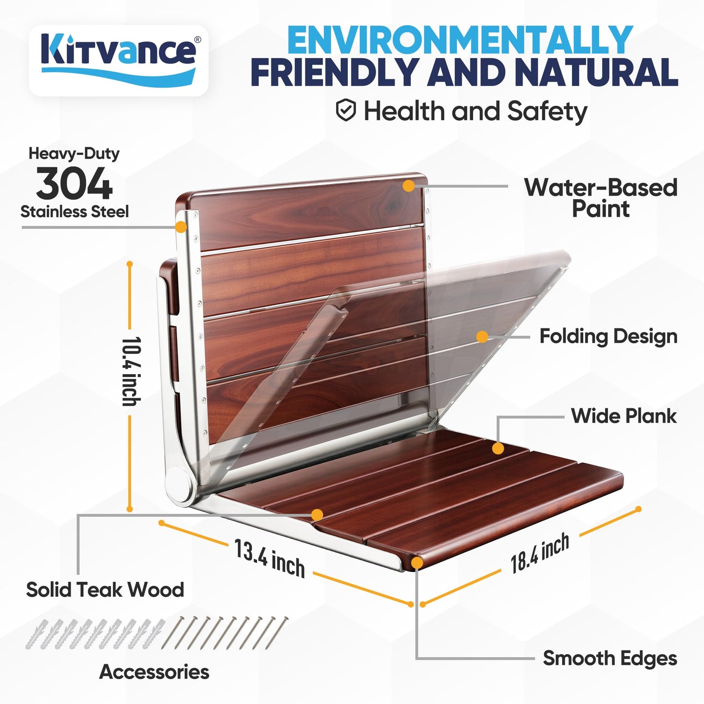 [Upgraded Version] 18" ADA Compliant Folding Teak Shower Seat Wall Mounted-Folding Shower Bench, Folding Shower Seat for Inside Shower, Teak Foldable Shower Chair, Fold Down Shower Seat, Max 400lbs