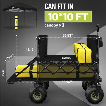 Hikemoon Double Decker Beach Wagon with 10" Big Balloon Wheels for Sand, 54'' Extra Long 560LBS Heavy Duty Wagons Carts Foldable, 400L Large All-Terrain Collapsible Folding Cart for Outdoors, Black