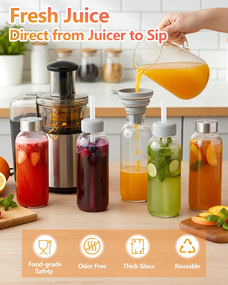 Zukro Glass Water Bottles with Lids & Straw 16 oz, 8 Pack Reusable Juice Bottles With Stainless Steel Cap for Juicing, Leak Proof Clear Smoothie Drinking Jars Beverages Containers, BPA Free