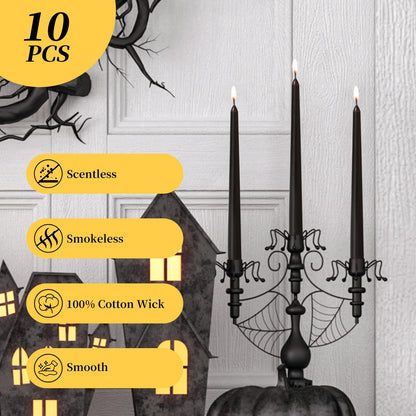 KONNI 0.87×10 Inch Black Taper Candles, Unscented and Smokeless Tall Candlesticks, 10 Pack Halloween Taper Candles with Cotton Wicks, Long Burning, Ideal for Weddings, Dinner Parties, and Home Décor