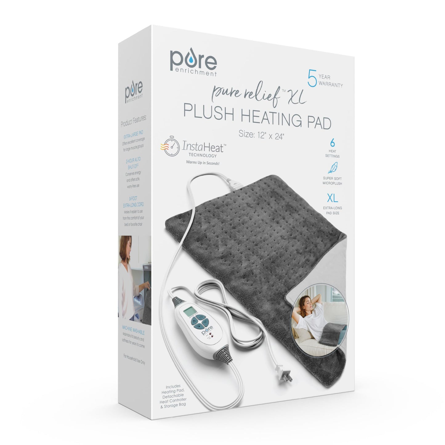 Pure Enrichment PureRelief XL Heating Pad - 12" x 24" Electric Heating Pad for Back Pain & Cramps, 6 Heat Settings, FSA/HSA Eligible, Soft Machine Wash Fabric, Auto-Off & Moist Heat (Zen Green)