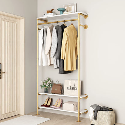 Smlttel Gold Wall Clothing Racks with White Shelves, Wall Mounted Gold Clothes Rack for Hanging Rods，Heavy Duty Industrial Pipe Clothing Racks With Shelves Retail Display Garment Rack for Home