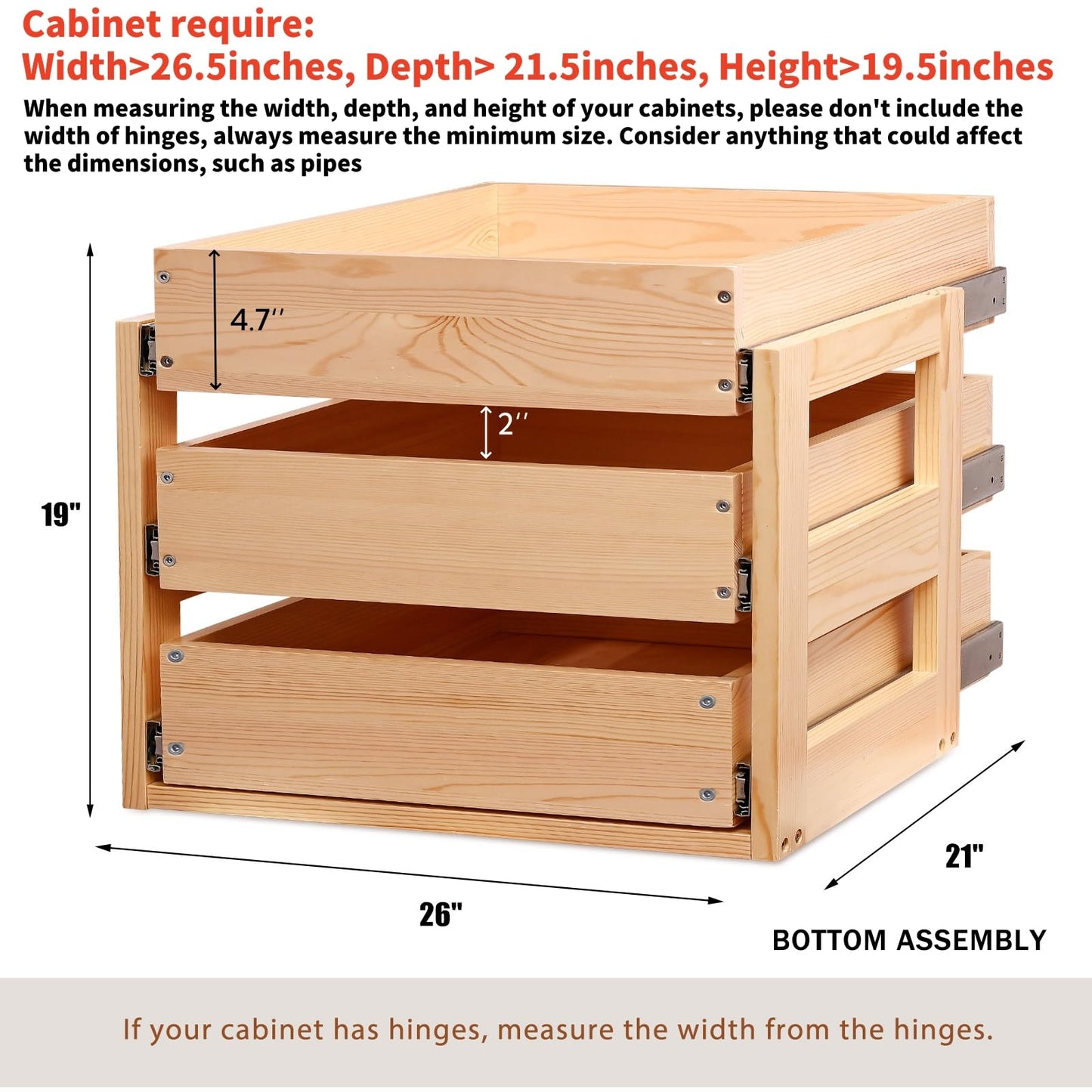 Mulush Pull Out Drawers For Cabinets, 26''W×21''D×19''H Soft Close Slide Out Wood Shelves Storage Organizer for Kitchen, 3-Tier, Finished, Heavy-Duty, Bottom Assembly