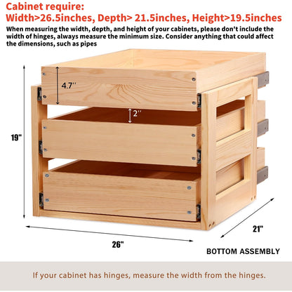 Mulush Pull Out Drawers For Cabinets, 26''W×21''D×19''H Soft Close Slide Out Wood Shelves Storage Organizer for Kitchen, 3-Tier, Finished, Heavy-Duty, Bottom Assembly