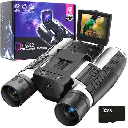 12x32 Binoculars for Adults, Digital Binoculars with Camera 48MP Photo 2.5K Video 2.4" LCD Display Screen with 32GB Micro SD Card for Bird Watching Hunting Football Concerts Theatre