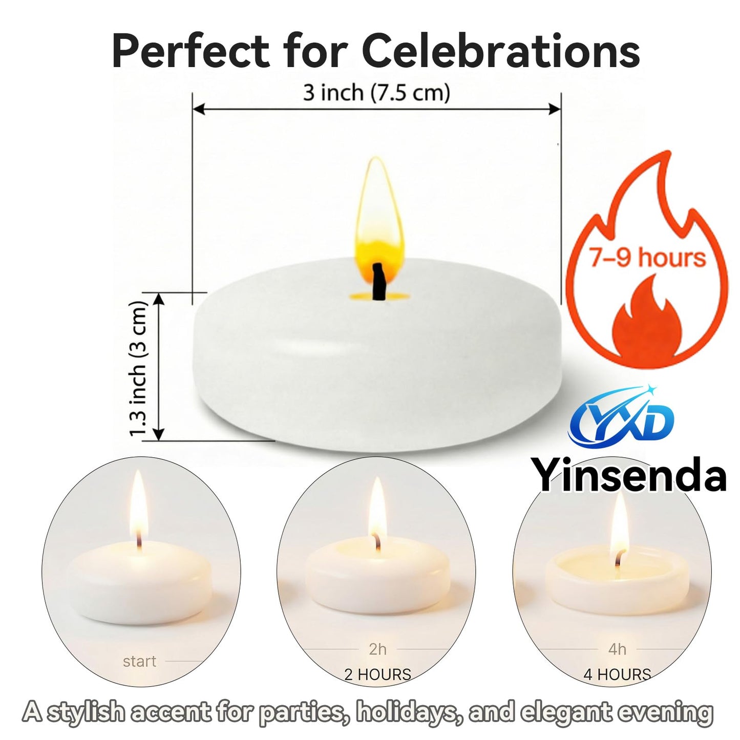 Yinsenda 12 Pack White Floating Candles - 3 Inch Unscented Round Candles, 7-9 Hrs Long Burning for Cylinder Vases, Wedding Centerpieces, Parties & Bath Décor