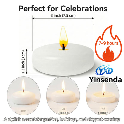 Yinsenda 12 Pack White Floating Candles - 3 Inch Unscented Round Candles, 7-9 Hrs Long Burning for Cylinder Vases, Wedding Centerpieces, Parties & Bath Décor