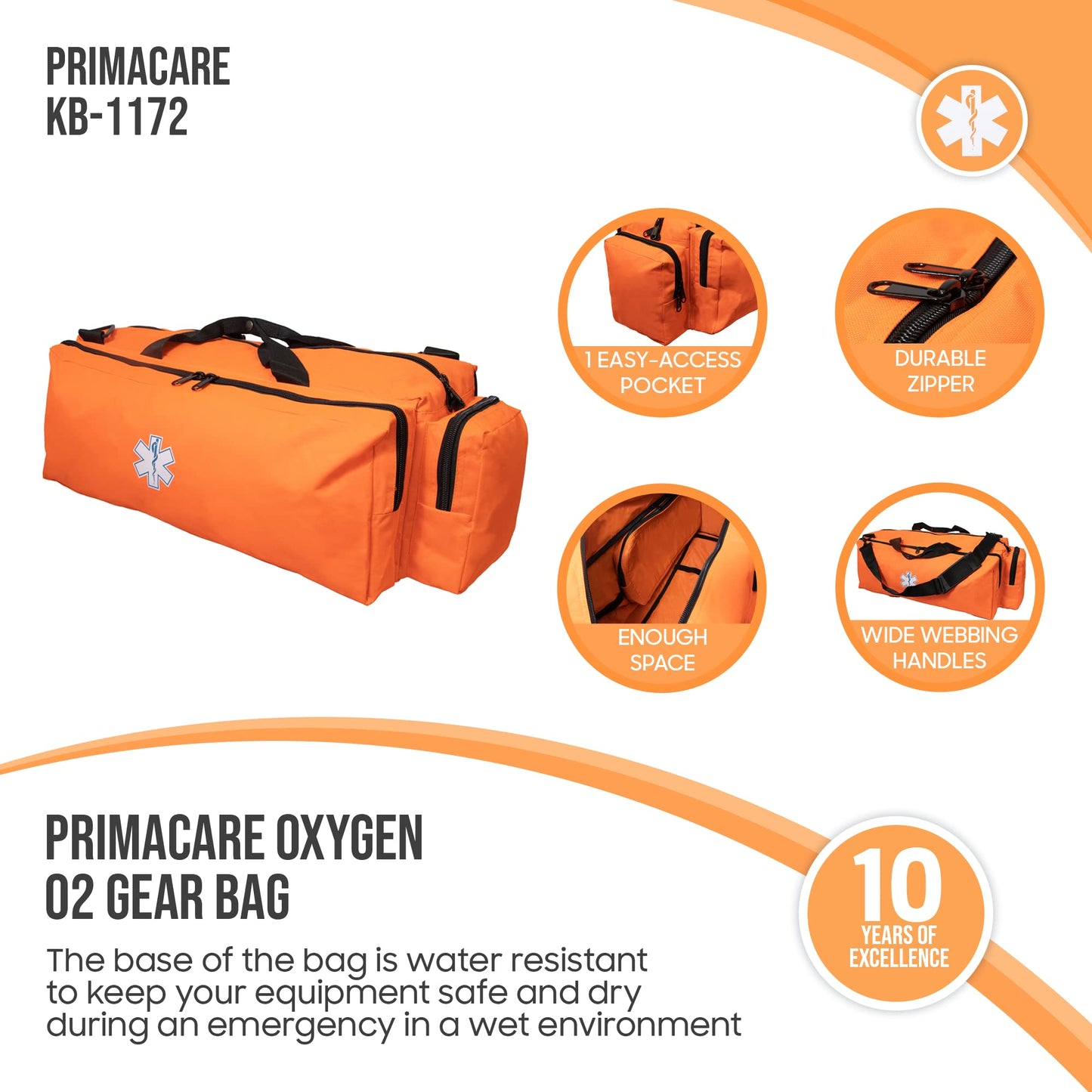 Primacare Case of 10 Oxygen O2 Gear Bags, 32x12x13 inches with Multiple Compartments Waterproof Bottom and Heavy-Duty Zippers, Orange, CSKB-1172