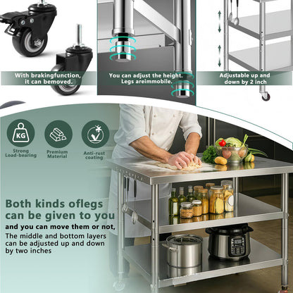 Stainless Steel Table with Wheels for Food Preparation and Work, Multi-Size Optional, Three-Layer Variable Two-Layer Metal Commercial Workbench Outdoor, Restaurant, Kitchen(36" Lx24 Wx35 H)