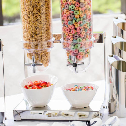 Restaurantware Met Lux 3 Liter Countertop Cereal Dispenser 1 Double Compartment Food Dispenser - Self Serve Refillable Stainless Steel Nuts Dispenser For Food Storage For Kitchen Or Pantry