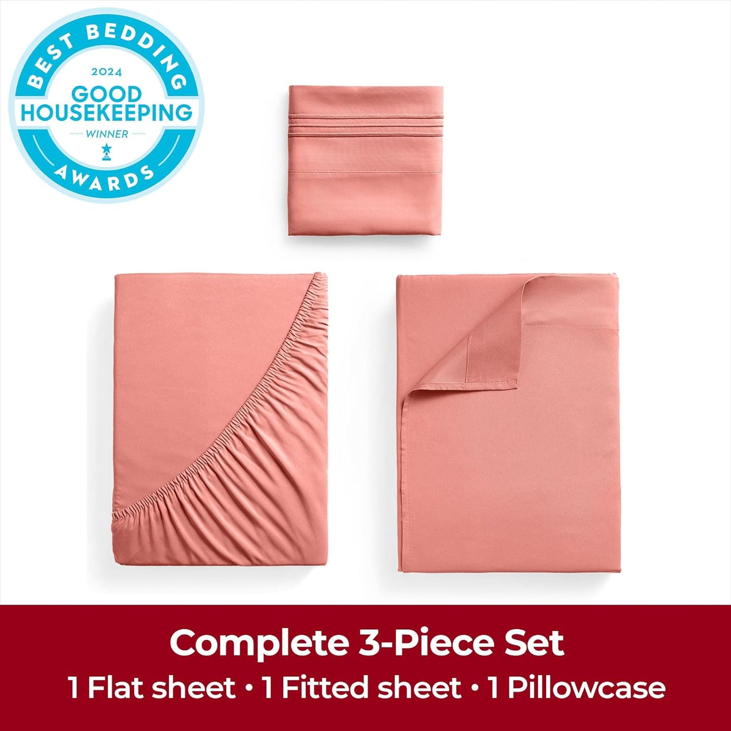 Mellanni Twin Sheets Set - 3 PC Luxury Bedding Collection - Extra Soft, Cooling, Wrinkle Resistant | Coral