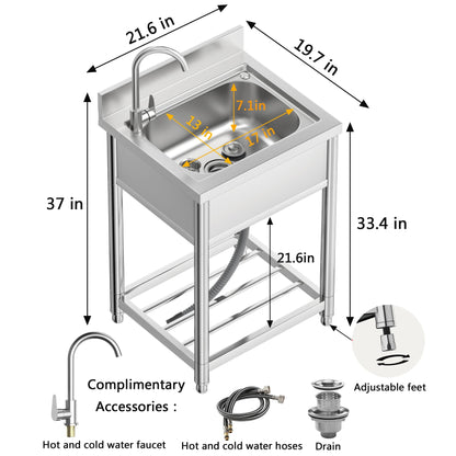 Free Standing Stainless-Steel Single Bowl Commercial Restaurant Kitchen Sink Set w/Faucet, Prep & Utility Washing Hand Basin w/Storage Shelve, laundry tub for Indoor Outdoor (22in)
