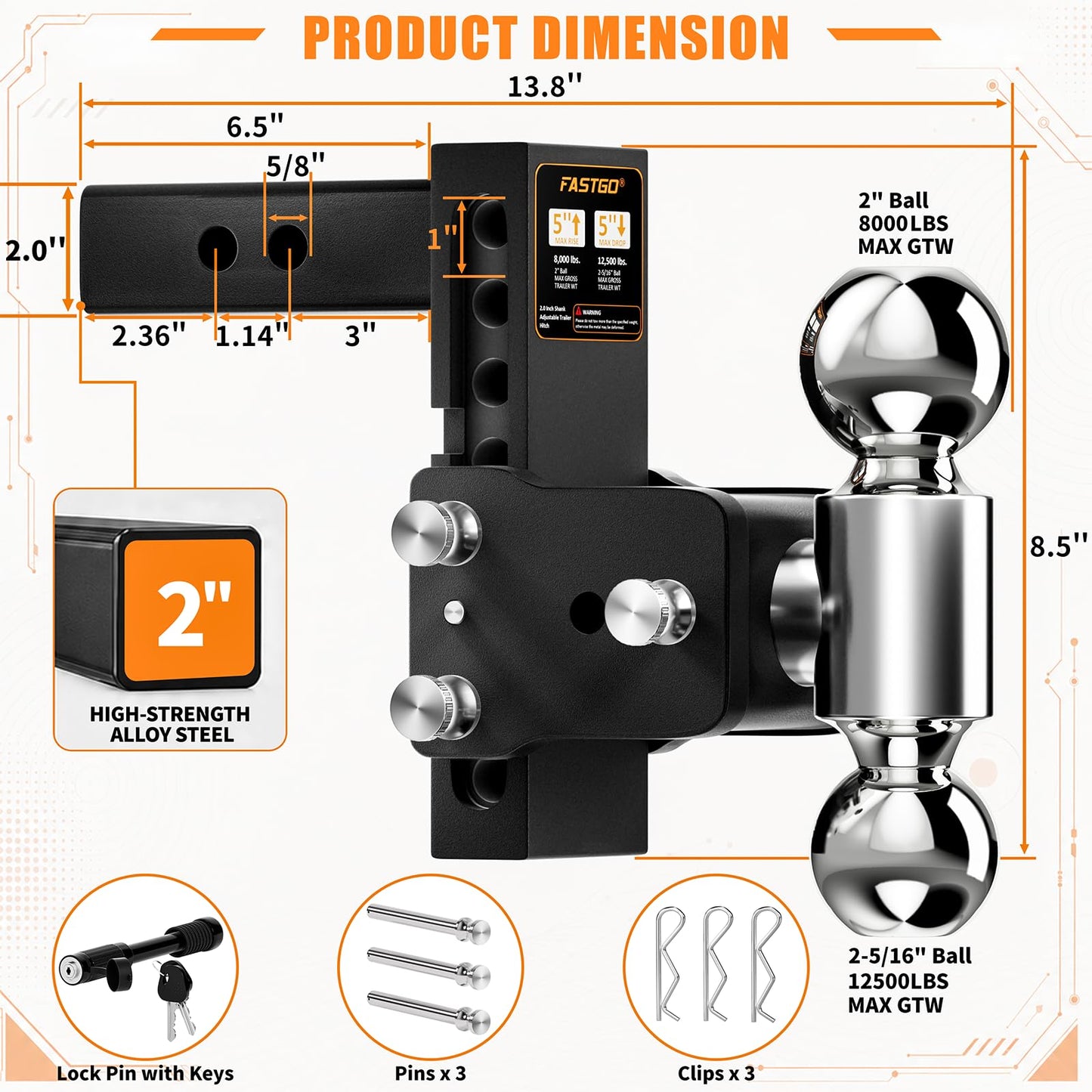 Fastgo Trailer Hitches - Fits 2" Receiver, Adjustable Trailer Hitch Ball Mount, Dual Ball (2" x 2-5/16") Tow Hitch, Drop Hitch, Truck Hitch, Anti-Theft, 5" Drop/Rise, 12500GTW