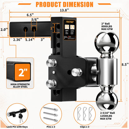 Fastgo Trailer Hitches - Fits 2" Receiver, Adjustable Trailer Hitch Ball Mount, Dual Ball (2" x 2-5/16") Tow Hitch, Drop Hitch, Truck Hitch, Anti-Theft, 5" Drop/Rise, 12500GTW