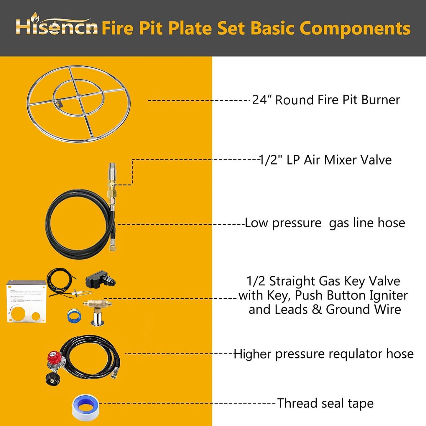 Hisencn Fire Pit Burner Ring Kit 24 Inch, 304 Stainless Steel Fire Pit Insert Round with Spark Ignition and Propane Hose Kit for Indoor or Outdoor Fire Table, LP and Propane Gas Fire Pits