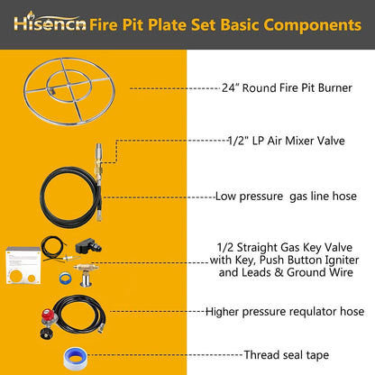 Hisencn Fire Pit Burner Ring Kit 24 Inch, 304 Stainless Steel Fire Pit Insert Round with Spark Ignition and Propane Hose Kit for Indoor or Outdoor Fire Table, LP and Propane Gas Fire Pits