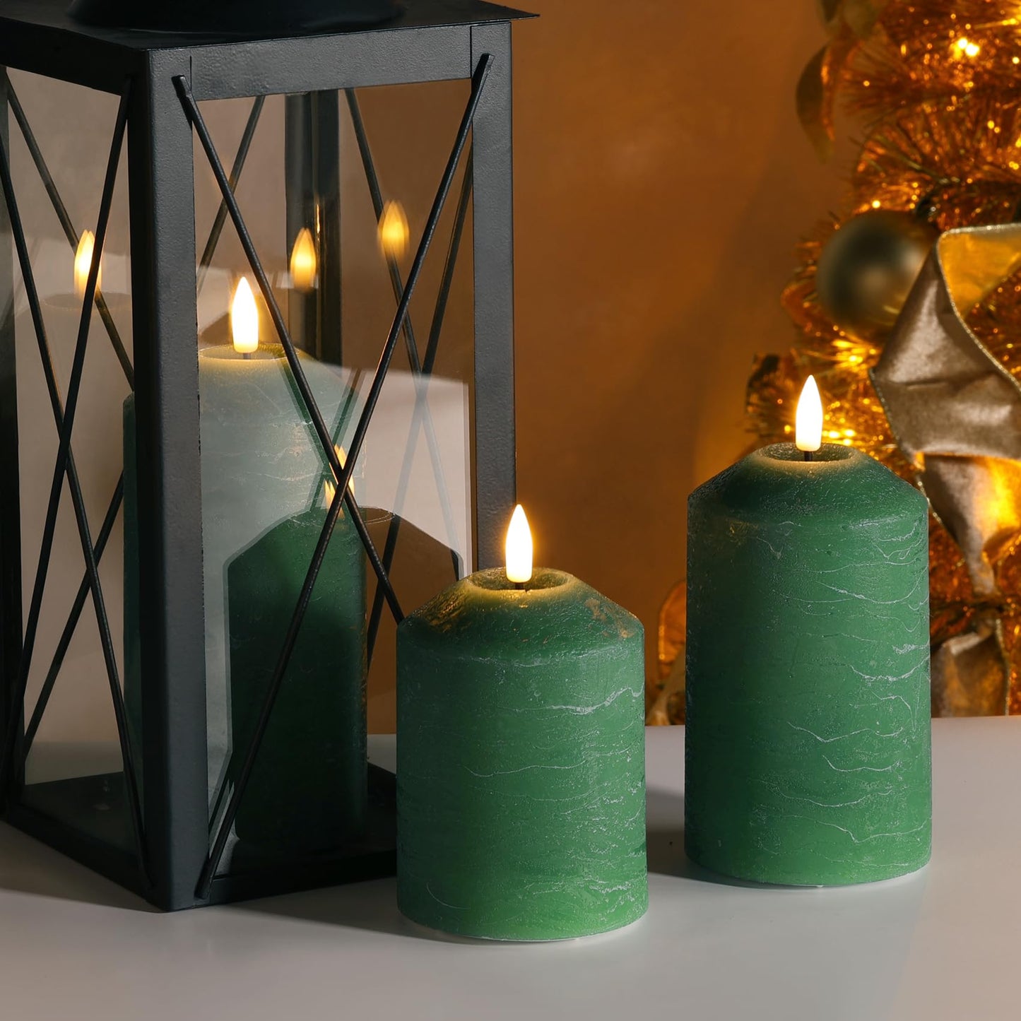 Girimax Green Christmas Flameless Pillar Candles with Remote, LED Wax Candles Battery Powered Flickering Set of 3