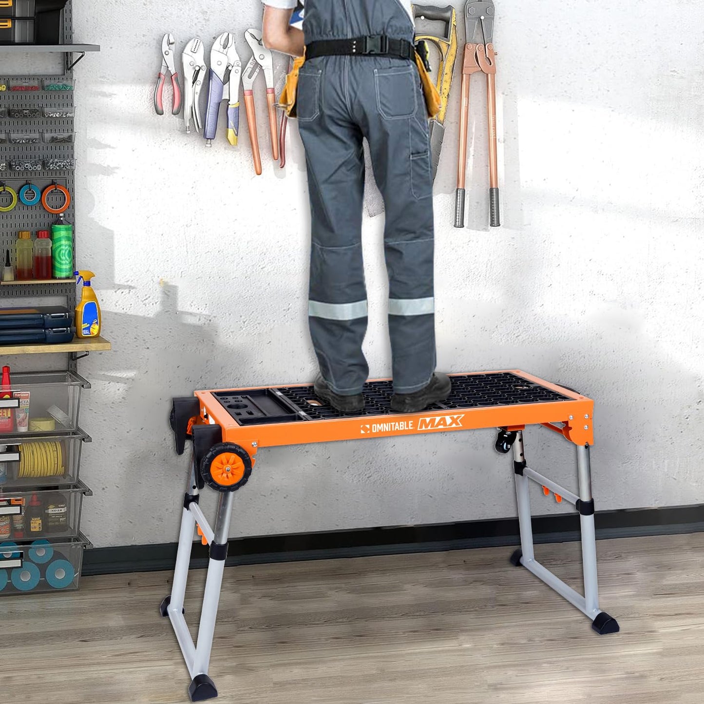 Disston OmniTable Max Heavy Duty Portable Workbench Worktable Scaffold Creeper Dolly with Easy-to-use Adjustable Legs. Table Holds up to 440Lbs