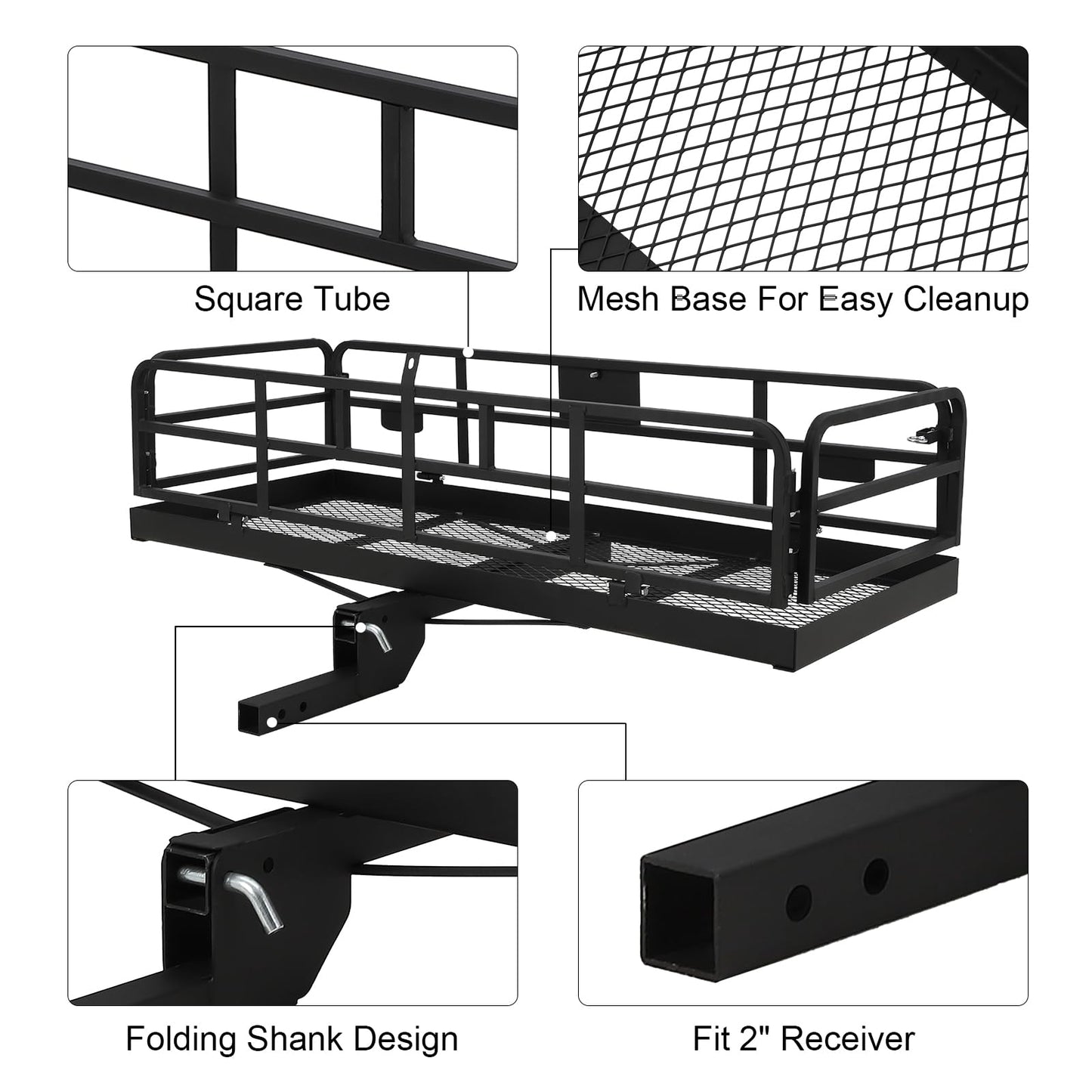 Trailer Hitch Cargo Rack, Folding Hitch Mount Cargo Carrier with High Side Rails, Cargo Carrier Fits 2" Receiver for RV Truck SUV Van, 500 lbs Weight Capacity, 60" L×24" W×14.9" H
