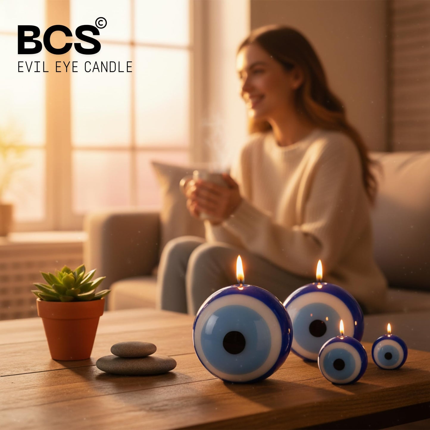 BCS Blue Evil Eye Candle - Nazar Home Decor - Handmade Unscented Premium Candles for Home & Office Vela Ojo Turco - 3.95 inches (Large) Blue