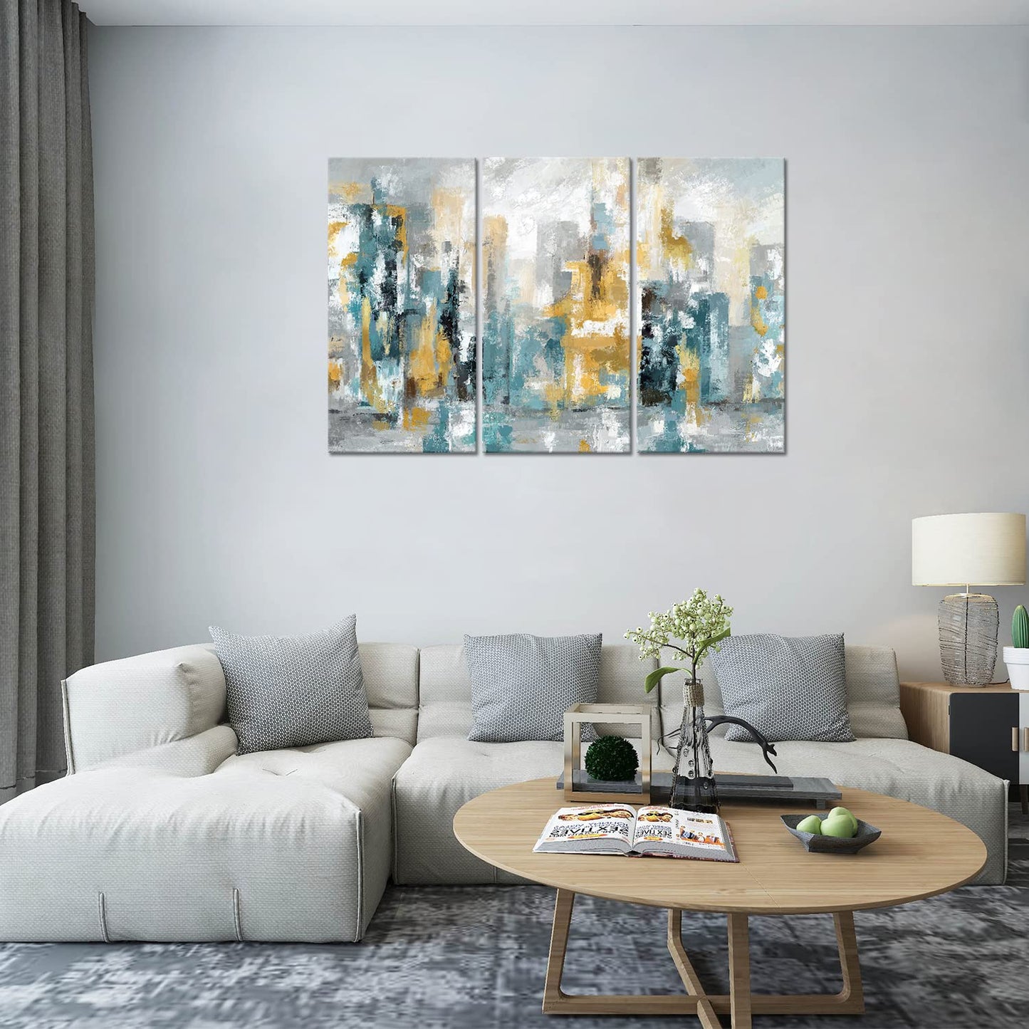 Teal Abstract Wall Art-Abstract Picture 3 Piece Yellow and Blue Canvas Print Wall Painting Decor Modern Artwork Canvas Wall Art for Living Room Home Office Decor